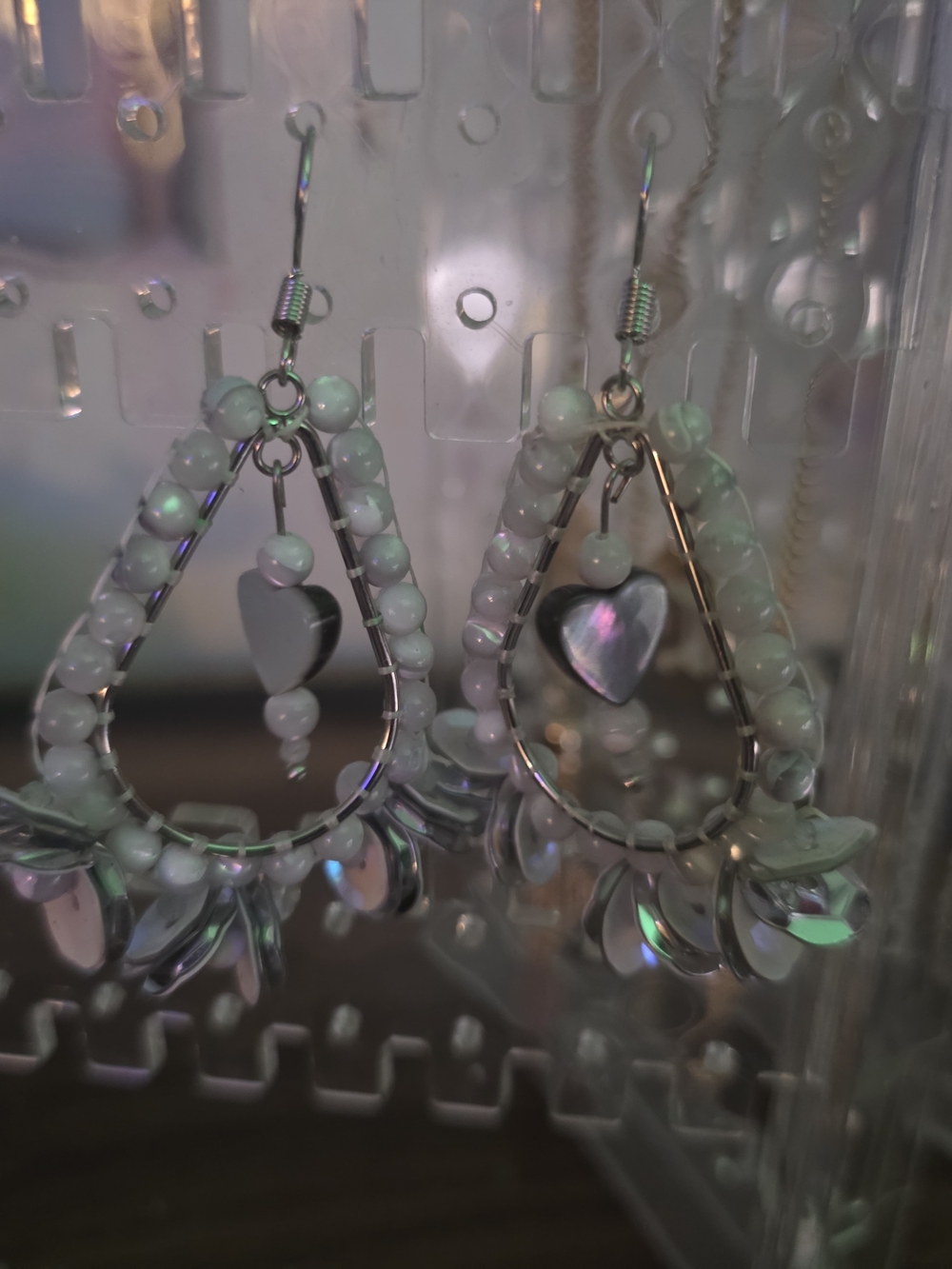 White Beaded Teardrop Dangle Earrings with Heart Accent